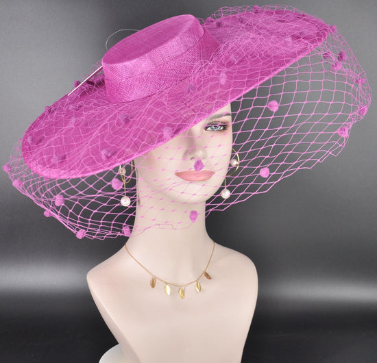 Fuchsia Pink Wide Brim Fascinator Hat with Veil 18 Inch Sinamay Ascot Hat for Wedding Race Day Mother of the Bride