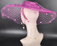 Fuchsia Pink Wide Brim Fascinator Hat with Veil 18 Inch Sinamay Ascot Hat for Wedding Race Day Mother of the Bride