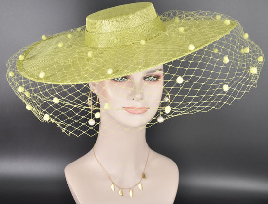Lime Green Wide Brim Fascinator Hat with Veil 18 Inch Sinamay Ascot Hat for Wedding Race Day Mother of the Bride