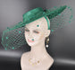 Emerald Green Wide Brim Fascinator Hat with Veil 18 Inch Sinamay Ascot Hat for Wedding Race Day Kentucky Derby Party Mother of the Bride