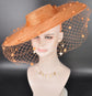 Orange Wide Brim Fascinator Hat with Veil 18 Inch Sinamay Ascot Hat for Wedding Race Day Mother of the Bride
