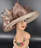 Wide Brim Sinamay  Hat for Kentucky Derby, Ascot Racing Hat, Elegant Wedding Guest Hat, Mother of the Bride Hat Taupe w Brown/Coffee