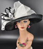 Wide Brim Sinamay  Hat for Kentucky Derby, Ascot Racing Hat, Elegant Wedding Guest Hat, Mother of the Bride Hat Black w White