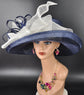 Wide Brim Sinamay  Hat for Kentucky Derby, Ascot Racing Hat, Elegant Wedding Guest Hat, Mother of the Bride Hat Navy Blue w White
