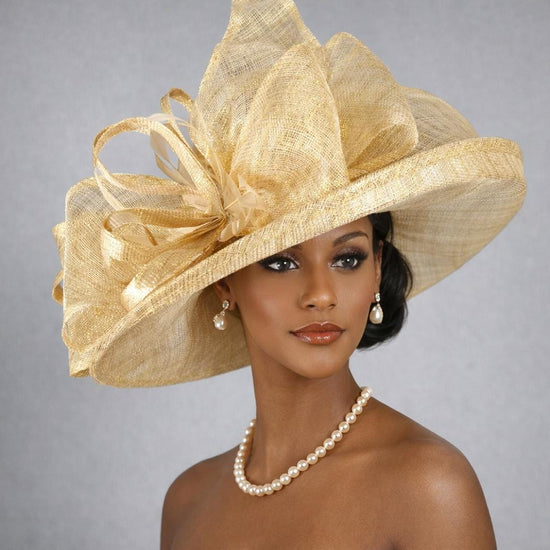 Wide Brim Sinamay  Hat for Kentucky Derby, Ascot Racing Hat, Elegant Wedding Guest Hat, Mother of the Bride Hat Gold