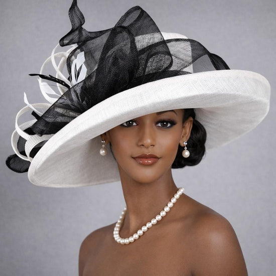 Wide Brim Sinamay  Hat for Kentucky Derby, Ascot Racing Hat, Elegant Wedding Guest Hat, Mother of the Bride Hat  White w Black