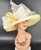 Wide Brim Sinamay  Hat for Kentucky Derby, Ascot Racing Hat, Elegant Wedding Guest Hat, Mother of the Bride Hat Yellow w White