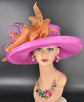 Wide Brim Sinamay Hat for Kentucky Derby, Ascot Racing Hat, Elegant Wedding Guest Hat, Mother of the Bride Hat Fuchsia w Orange