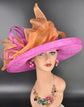 Wide Brim Sinamay Hat for Kentucky Derby, Ascot Racing Hat, Elegant Wedding Guest Hat, Mother of the Bride Hat Fuchsia w Orange