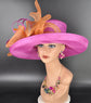 Wide Brim Sinamay Hat for Kentucky Derby, Ascot Racing Hat, Elegant Wedding Guest Hat, Mother of the Bride Hat Fuchsia w Orange