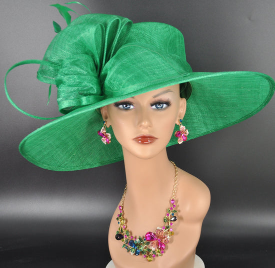 Kelly Green Three Layer Wide Brim Sinamay Hat Kentucky Derby Hat  Wedding Church Tea Party Garden Party Ascort Royal Party Hat