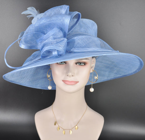Elegant Light Blue Three Layer Wide Brim Sinamay Hat Kentucky Derby Hat Wedding Church Tea Party Garden Party Ascort Royal Party Hat