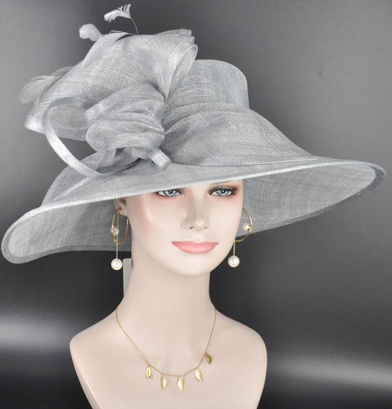 Elegant Silver/Gray Three Layer Wide Brim Sinamay Hat Kentucky Derby Hat Wedding Church Tea Party Garden Party Ascort Royal Party Hat