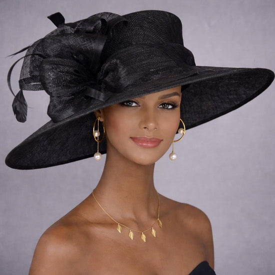 Wide Brim Kentucky Derby Hat, Ascot Hat for Wedding & Tea Party, Garden Party Hat, Mother of the Bride, Church Black
