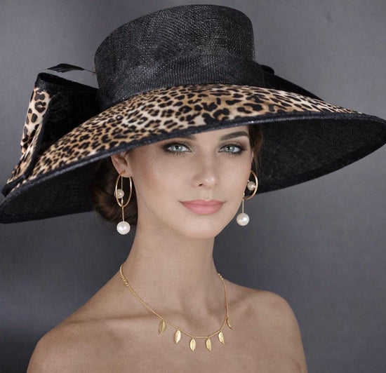 Black Leopard Wide Brim Hat for Women, Kentucky Derby Hat, Church & Ascot Hat, Adjustable Size Elegant Statement Hat