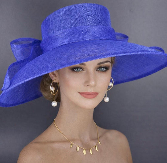 Royal Blue Wide Brim Hat for Women, Kentucky Derby Hat, Church & Ascot Hat, Adjustable Size Elegant Statement Hat