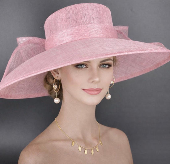 Pink Wide Brim Hat for Women, Kentucky Derby Hat, Church & Ascot Hat, Adjustable Size Elegant Statement Hat