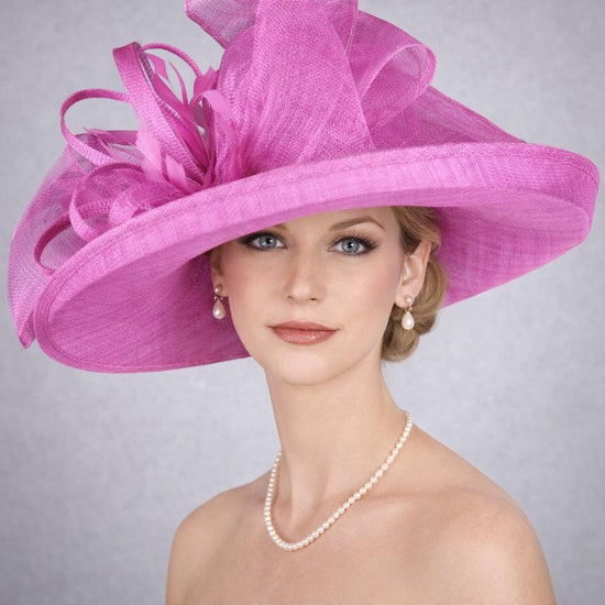 Wide Brim Sinamay Hat for Kentucky Derby, Ascot Racing Hat, Elegant Wedding Guest Hat, Mother of the Bride Hat  Fuchsia Pink