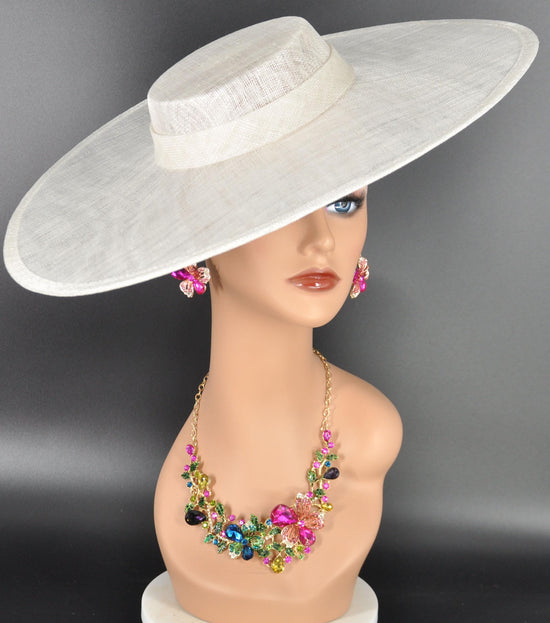 White Wide Brim Sinamay Fascinator Hat  Ascot Royal Hat for Wedding Race Day Kentucky Derby Party Mother of the Bride