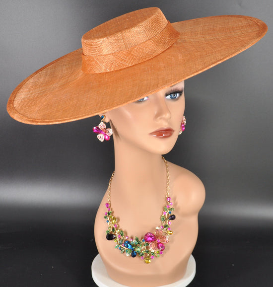 Copper Orange Wide Brim Sinamay Fascinator Hat  Ascot Royal Hat for Wedding Race Day Kentucky Derby Party Mother of the Bride