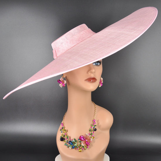 Pink Super Wide Brim Sinamay Fascinator Hat  Ascot Royal Hat for Wedding Race Day Kentucky Derby Party Mother of the Bride Studio Photoshoot