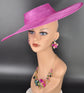 Fuchsia Pink Wide Brim Sinamay Fascinator Hat  Ascot Royal Hat for Wedding Race Day Kentucky Derby Party Mother of the Bride
