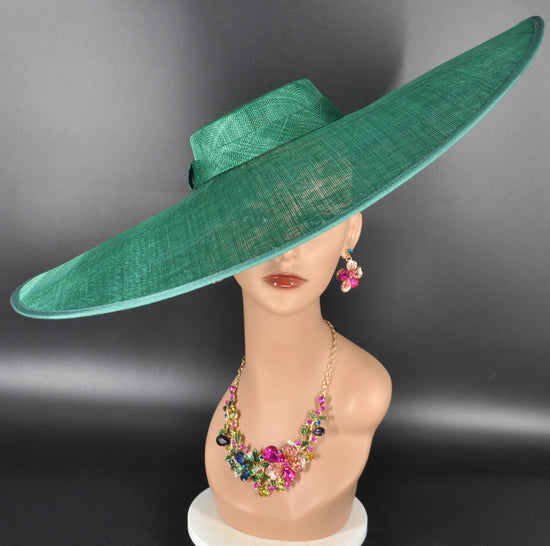 Wide Brim Kentucky Derby Fascinator Hat, Ascot Hat for Wedding & Tea Party, Garden Party Hat, Mother of the Bride, Church Emerald Green