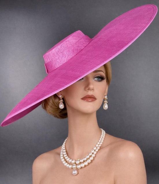 Fuchsia Pink Wide Brim Sinamay Fascinator Hat Ascot Royal Hat Wedding Race Day Kentucky Derby Party Mother of the Bride Studio Photoshoot