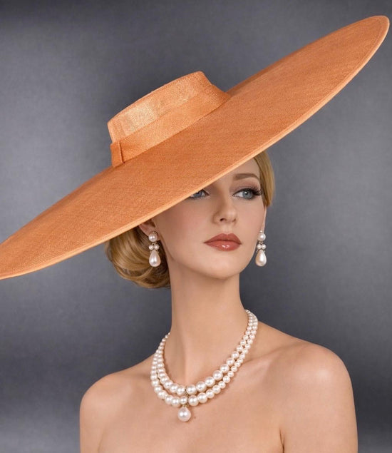 Copper Orange Wide Brim Sinamay Fascinator Hat Ascot Royal Hat  Wedding Race Day Kentucky Derby Party Mother of the Bride Studio Photoshoot