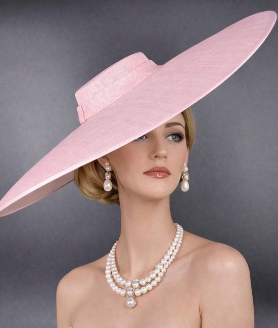 Pink Super Wide Brim Sinamay Fascinator Hat  Ascot Royal Hat for Wedding Race Day Kentucky Derby Party Mother of the Bride Studio Photoshoot