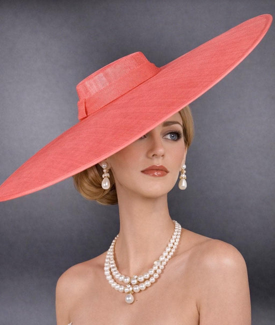 Coral Pink Wide Brim Sinamay Fascinator Hat  Ascot Royal Hat for Wedding Race Day Kentucky Derby Party Mother of the Bride Studio Photoshoot