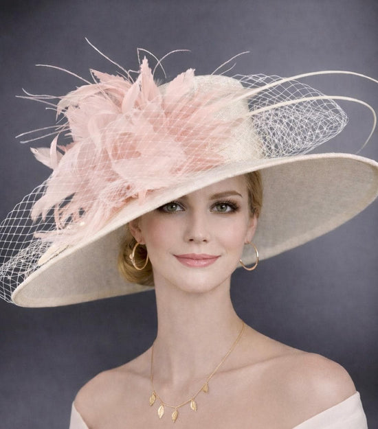 Wide Brim Kentucky Derby Hat, Ascot Hat for Wedding & Tea Party, Garden Party Hat, Mother of the Bride, Church-Off White/Ivory Blush Pink