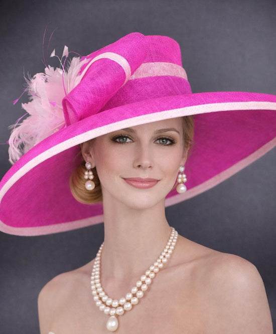Wide Brim Kentucky Derby Hat, Ascot Hat for Wedding & Tea Party, Garden Party Hat, Mother of the Bride, Church-Fuchsia Pink w Pink