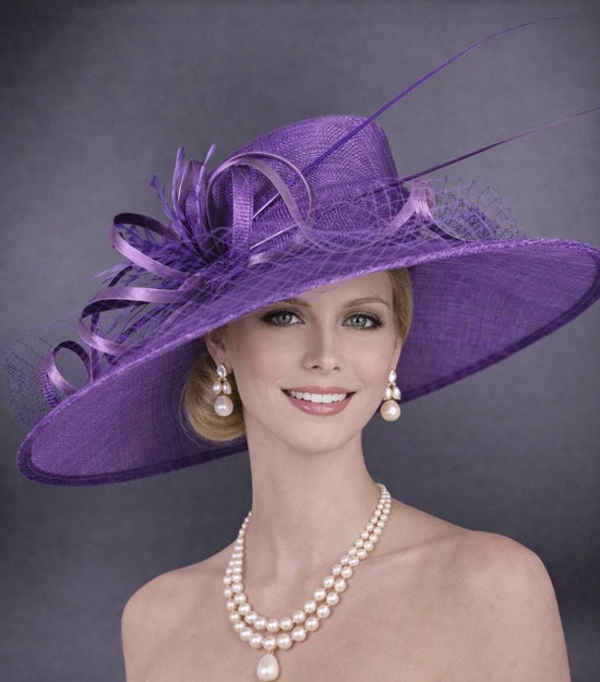 Wide Brim Kentucky Derby Hat, Ascot Hat for Wedding & Tea Party, Garden Party Hat, Mother of the Bride, Church-Purple