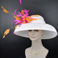 Wide Brim Kentucky Derby Hat, Ascot Hat for Wedding & Tea Party, Garden Party Hat, Mother of the Bride, Church- White Fuchisa Pink Orange