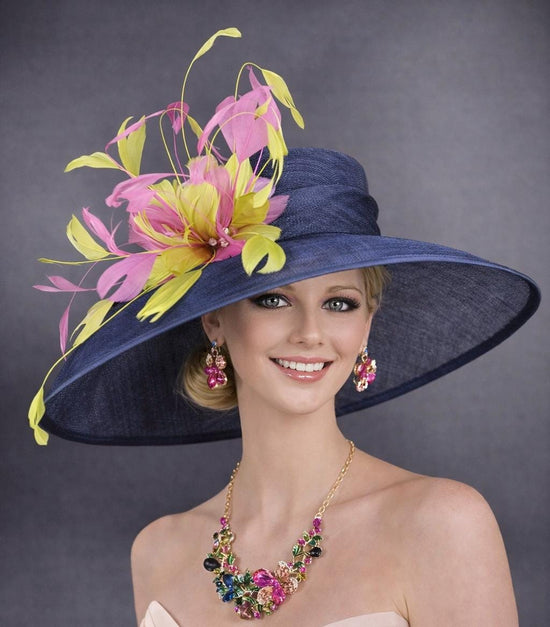 Wide Brim Kentucky Derby Hat, Ascot Hat for Wedding & Tea Party, Garden Party Hat, Mother of the Bride, Church Navy Blue Hot Pink Lime Green