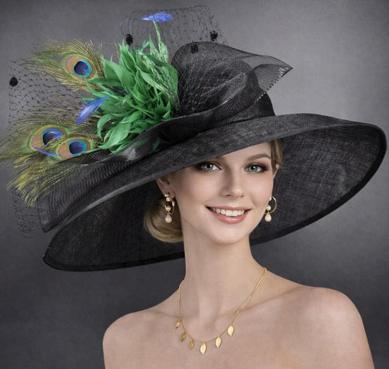 Wide Brim Kentucky Derby Hat, Ascot Hat for Wedding & Tea Party, Garden Party Hat, Mother of the Bride, Church Black Green Peacock Feathers