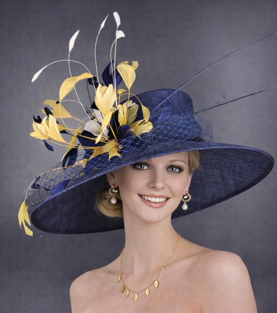 Wide Brim Kentucky Derby Hat, Ascot Hat for Wedding & Tea Party, Garden Party Hat, Mother of the Bride, Church Navy Blue  Gold