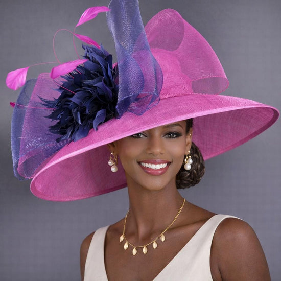 Wide Brim Kentucky Derby Hat, Ascot Hat for Wedding & Tea Party, Garden Party Hat, Mother of the Bride, Church Fuchsia Pink W Navy Blue