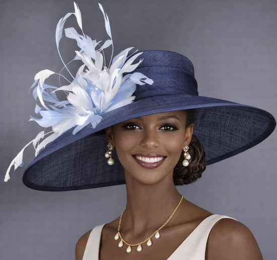 Wide Brim Kentucky Derby Hat, Ascot Hat for Wedding & Tea Party, Garden Party Hat, Mother of the Bride, Church Navy Blue White Light Blue