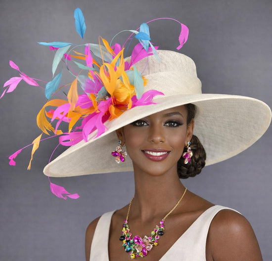 Wide Brim Kentucky Derby Hat, Ascot Hat for Wedding & Tea Party, Garden Party Hat, Mother of the Bride, Church Off White Orange Pink Blue