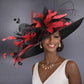 Black Red Feather Flowers Wide Brim Kentucky Derby Hat, Ascot Hat for Wedding & Tea Party, Garden Party Hat, Mother of the Bride, Church