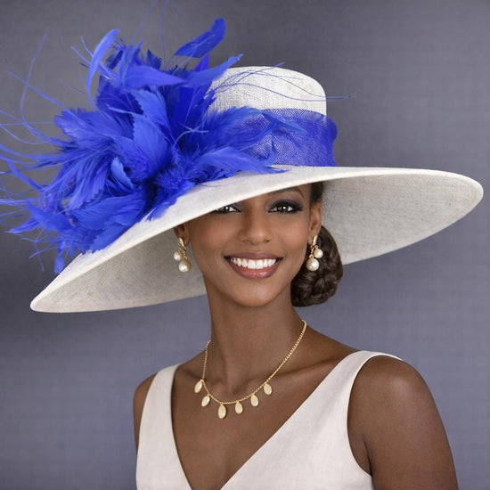 White  Royal Blue Feathers Wide Brim Kentucky Derby Hat, Ascot Royal Hat, Tea Garden Wedding Party Hat, Mother of the Bride Hat, Church Hat