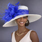 White  Royal Blue Feathers Wide Brim Kentucky Derby Hat, Ascot Royal Hat, Tea Garden Wedding Party Hat, Mother of the Bride Hat, Church Hat
