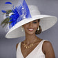 Wide Brim Kentucky Derby Hat, Ascot Hat for Wedding & Tea Party, Garden Party Hat, Mother of the Bride, Church-White w Royal Blue Peacock