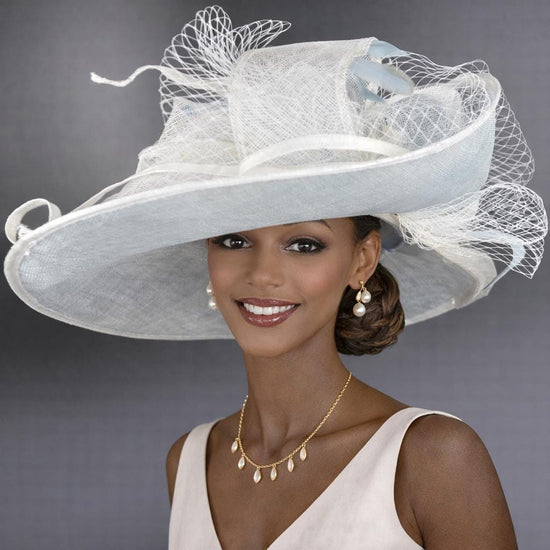 Wide Brim Kentucky Derby Hat, Ascot Hat for Wedding & Tea Party, Garden Party Hat, Mother of the Bride, Church Powder Blue  White