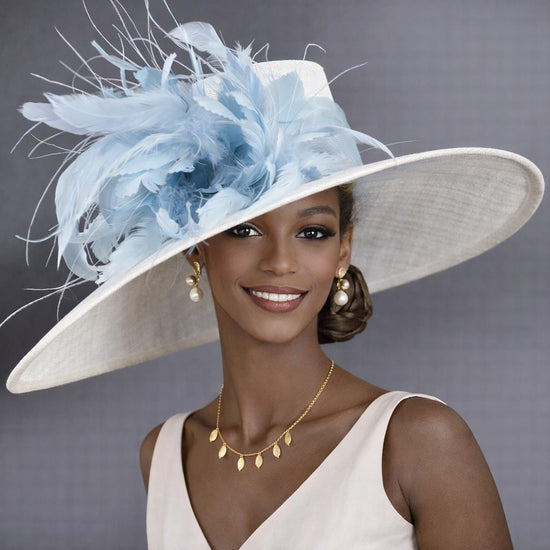 Wide Brim Kentucky Derby Hat, Ascot Hat for Wedding & Tea Party, Garden Party Hat, Mother of the Bride, Church White Powder Blue