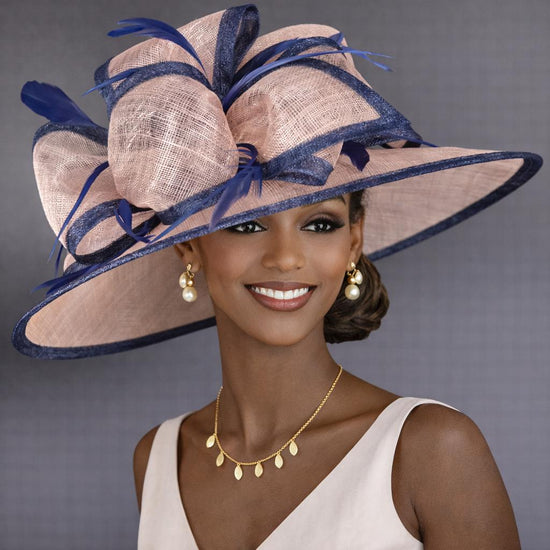 Blush Dusty Pink Navy Blue Wide Brim Kentucky Derby Hat, Ascot Hat for Wedding & Tea Party, Garden Party Hat, Mother of the Bride, Church