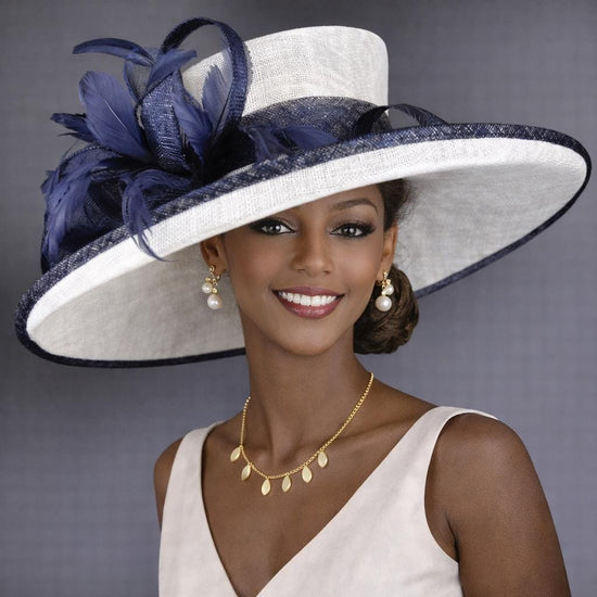 Navy White Wide Brim Kentucky Derby Hat, Ascot Hat for Wedding & Tea Party, Garden Party Hat, Mother of the Bride, Church