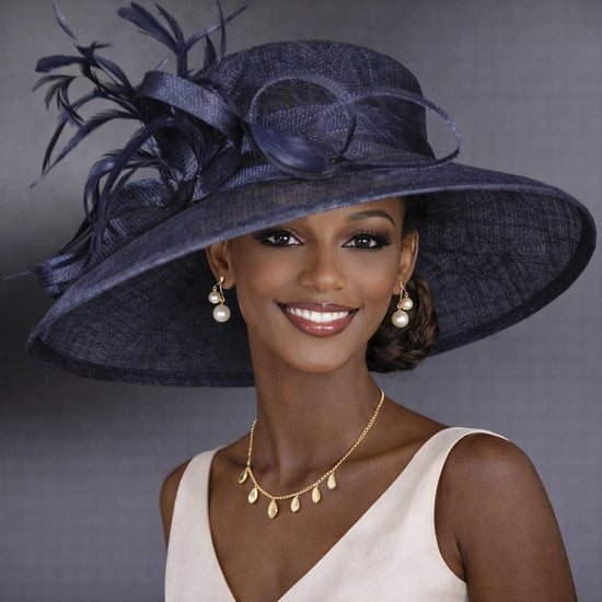 Navy Blue Kentucky Derby Hat, Wide Brim Feather Ascot Hat